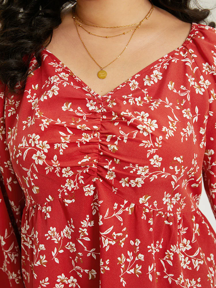 Floral Print Ruched Lantern Sleeve Blouse - Image 10