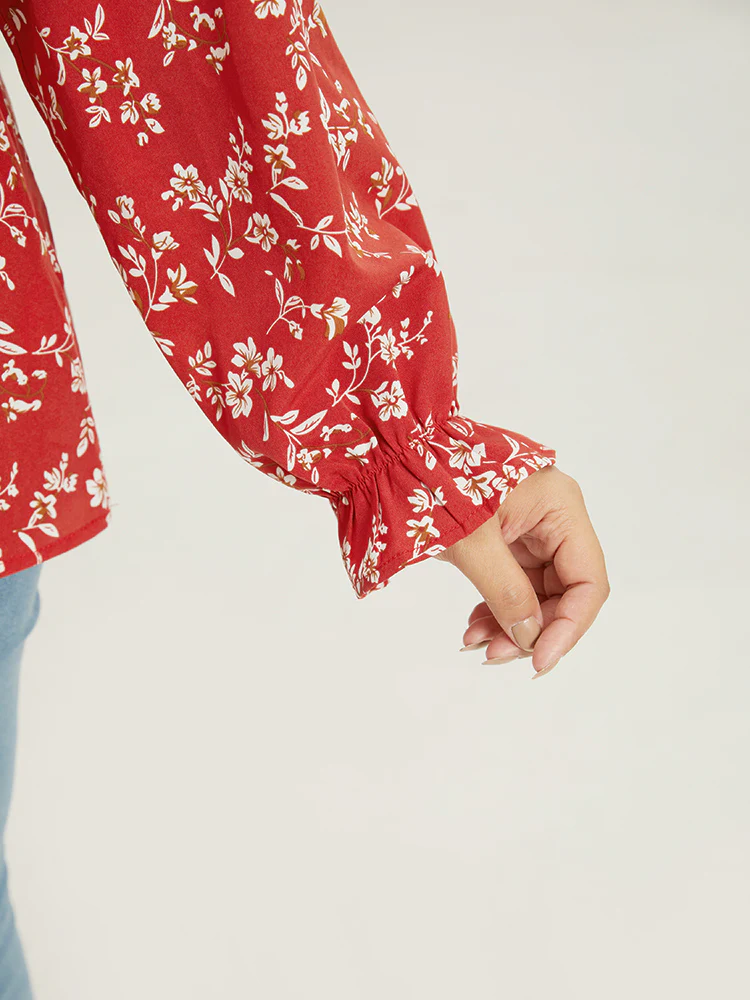 Floral Print Ruched Lantern Sleeve Blouse - Image 11