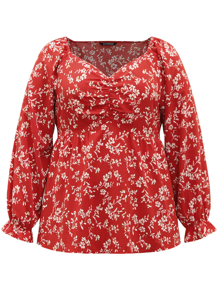 Floral Print Ruched Lantern Sleeve Blouse - Image 12