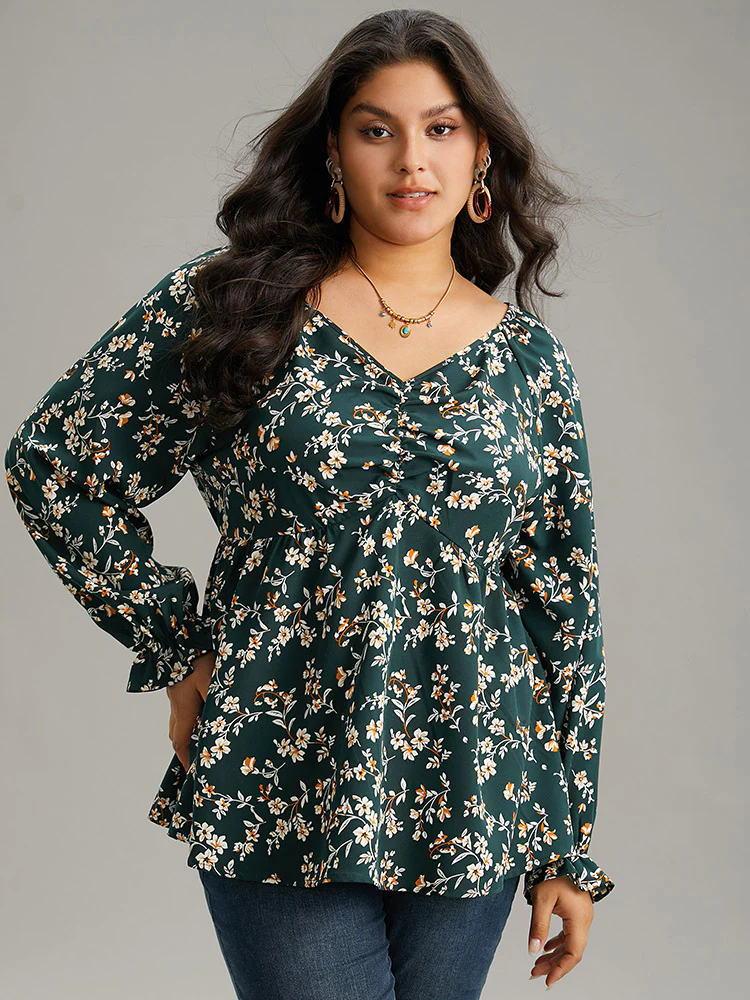 Floral Print Ruched Lantern Sleeve Blouse - Image 2