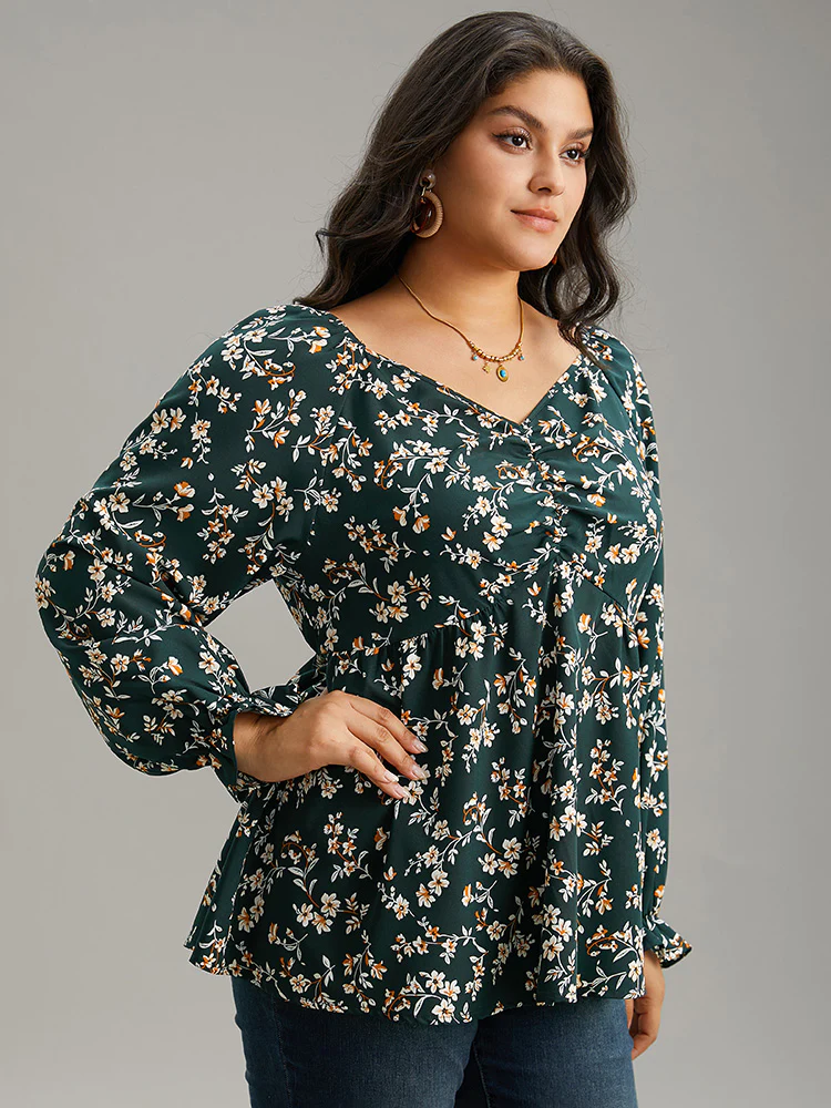 Floral Print Ruched Lantern Sleeve Blouse - Image 3