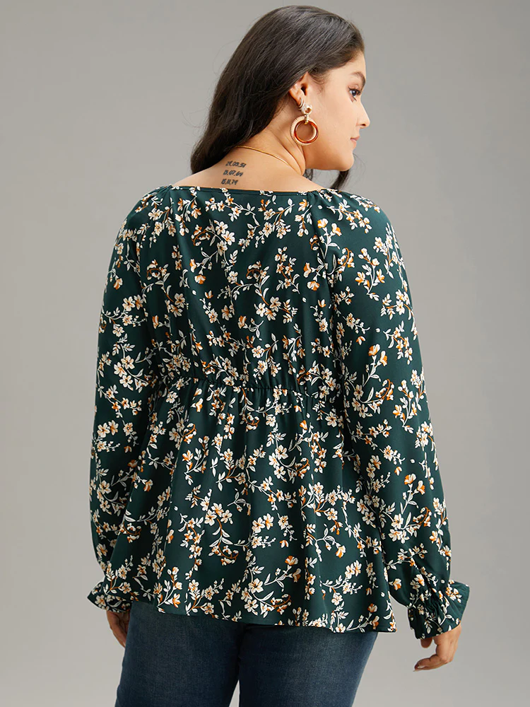 Floral Print Ruched Lantern Sleeve Blouse - Image 4
