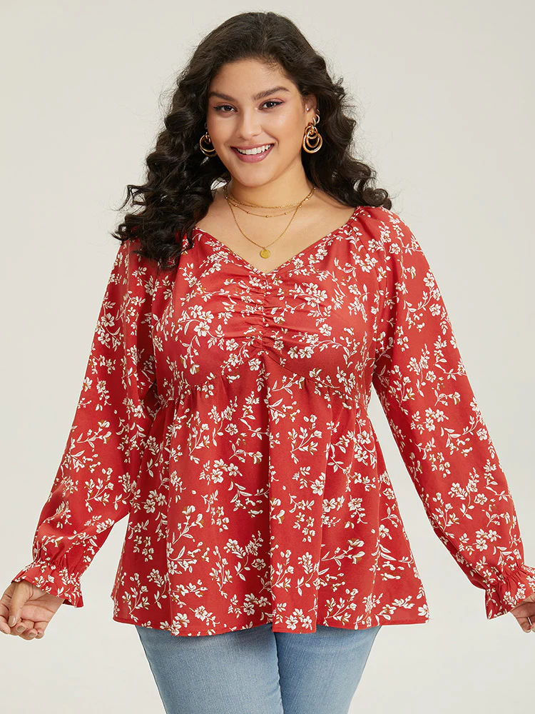 Floral Print Ruched Lantern Sleeve Blouse - Image 6