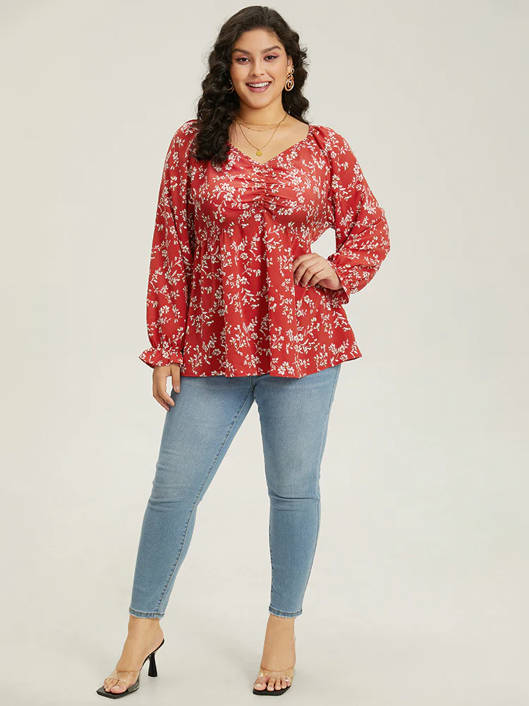 Floral Print Ruched Lantern Sleeve Blouse - Image 8