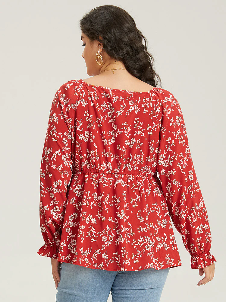 Floral Print Ruched Lantern Sleeve Blouse - Image 9