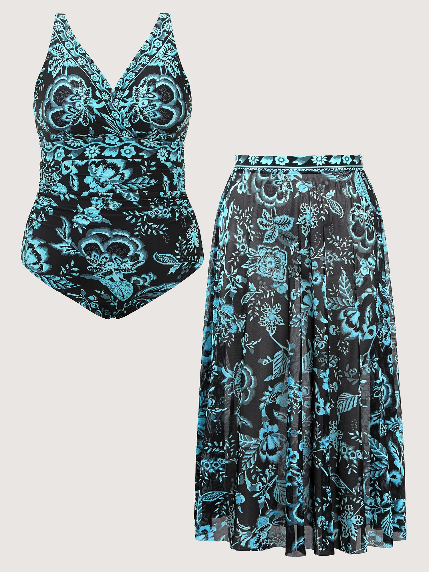 Two-Piece Floral Print Ruched Mesh Swimsuit, Sarong - Image 16