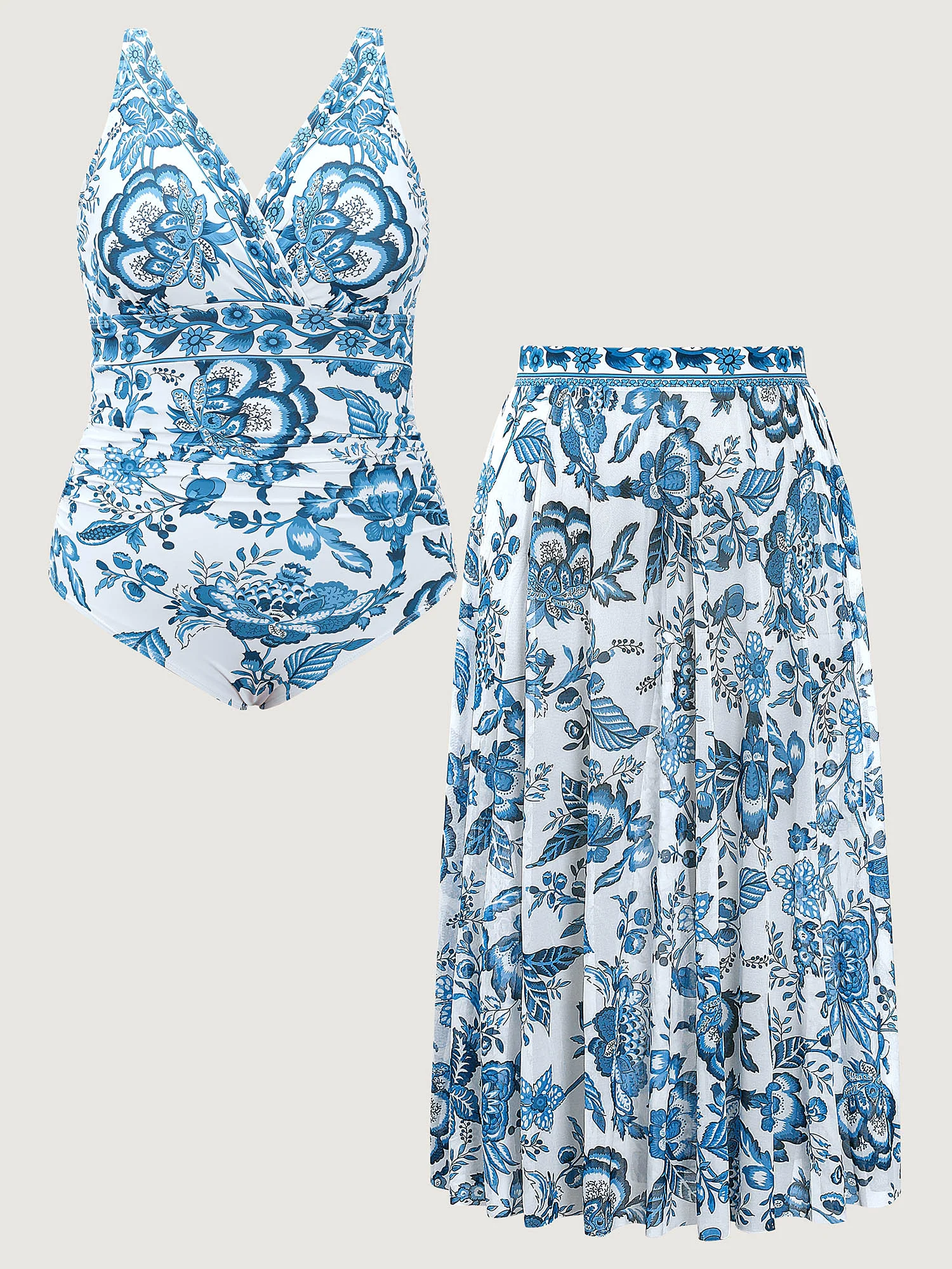 Two-Piece Floral Print Ruched Mesh Swimsuit, Sarong - Image 35