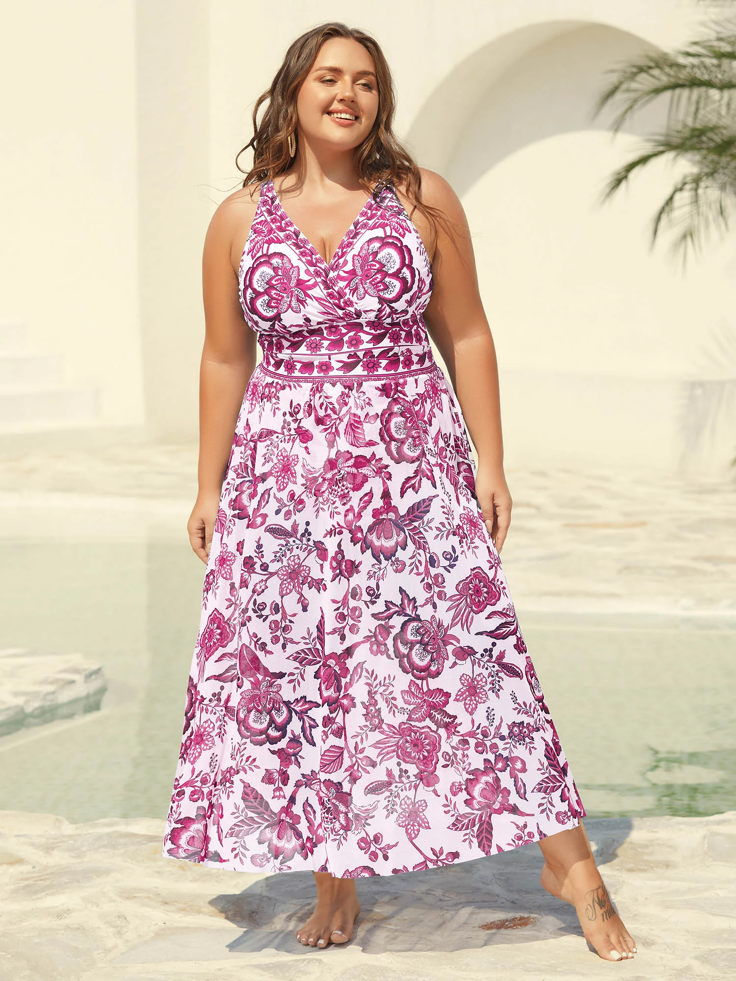 Two-Piece Floral Print Ruched Mesh Swimsuit, Sarong - Image 56