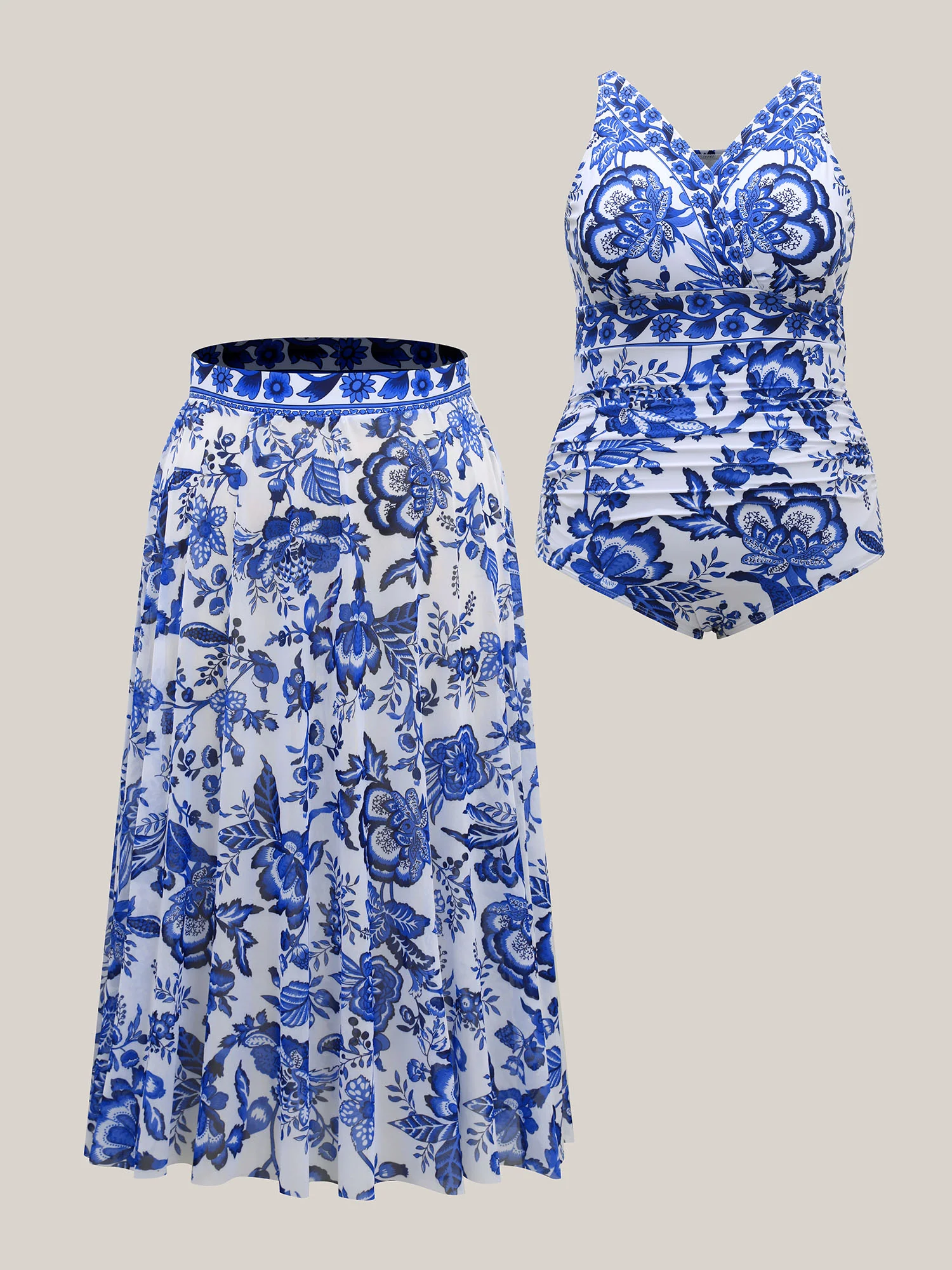 Two-Piece Floral Print Ruched Mesh Swimsuit, Sarong - Image 6