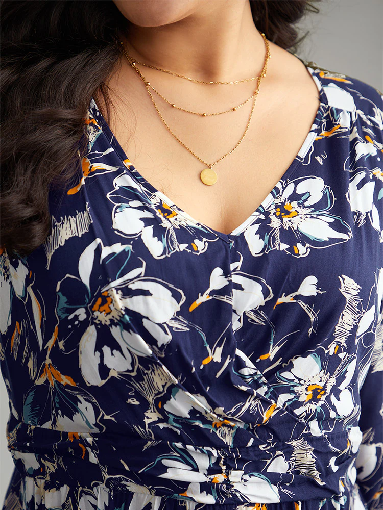 Floral Print Ruched Plicated Detail Dress - Image 6
