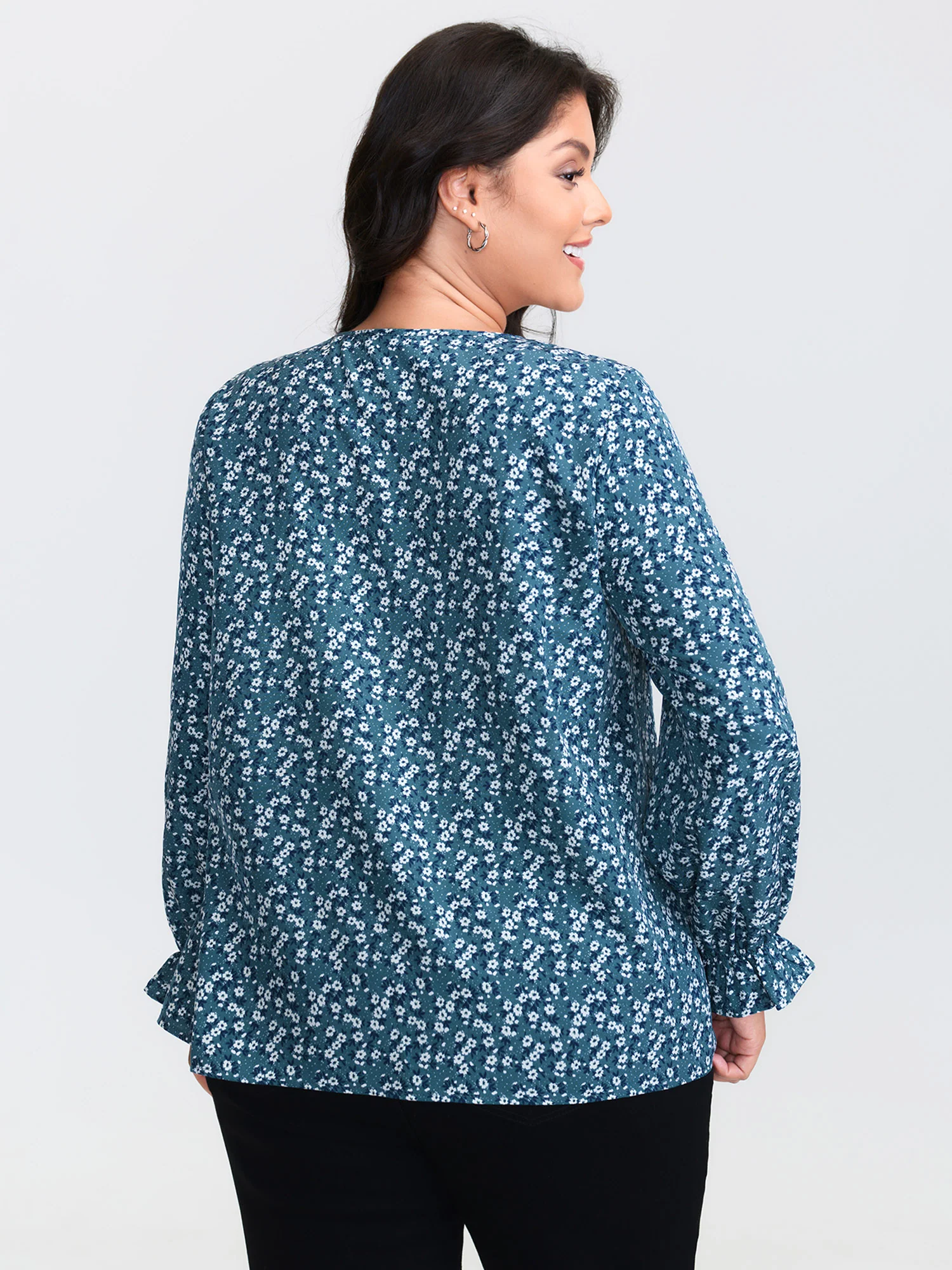 Floral Print Ruched Round Neck Blouse - Image 4