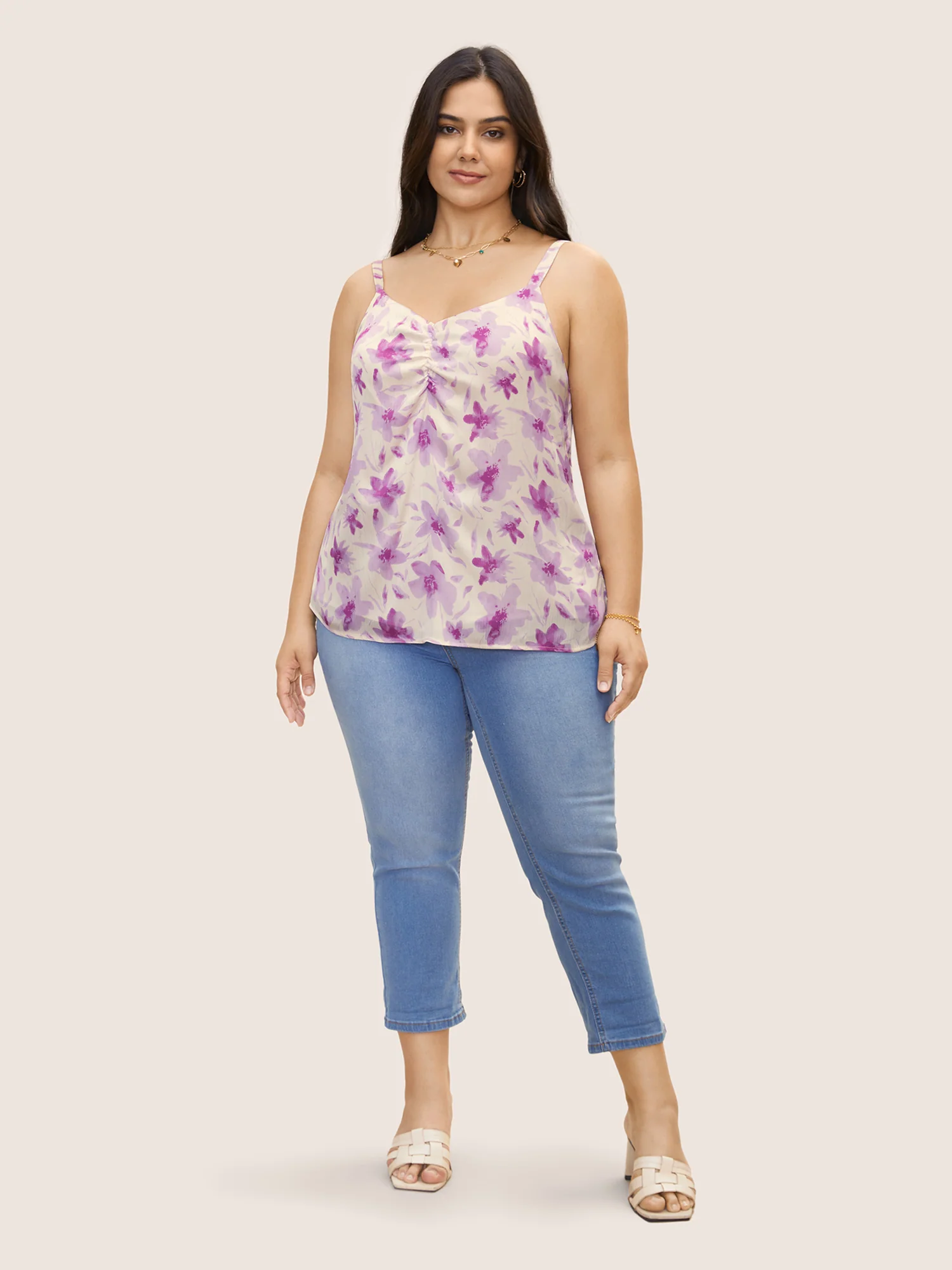 Floral Print Ruched Split Hem Cami Top - Image 2