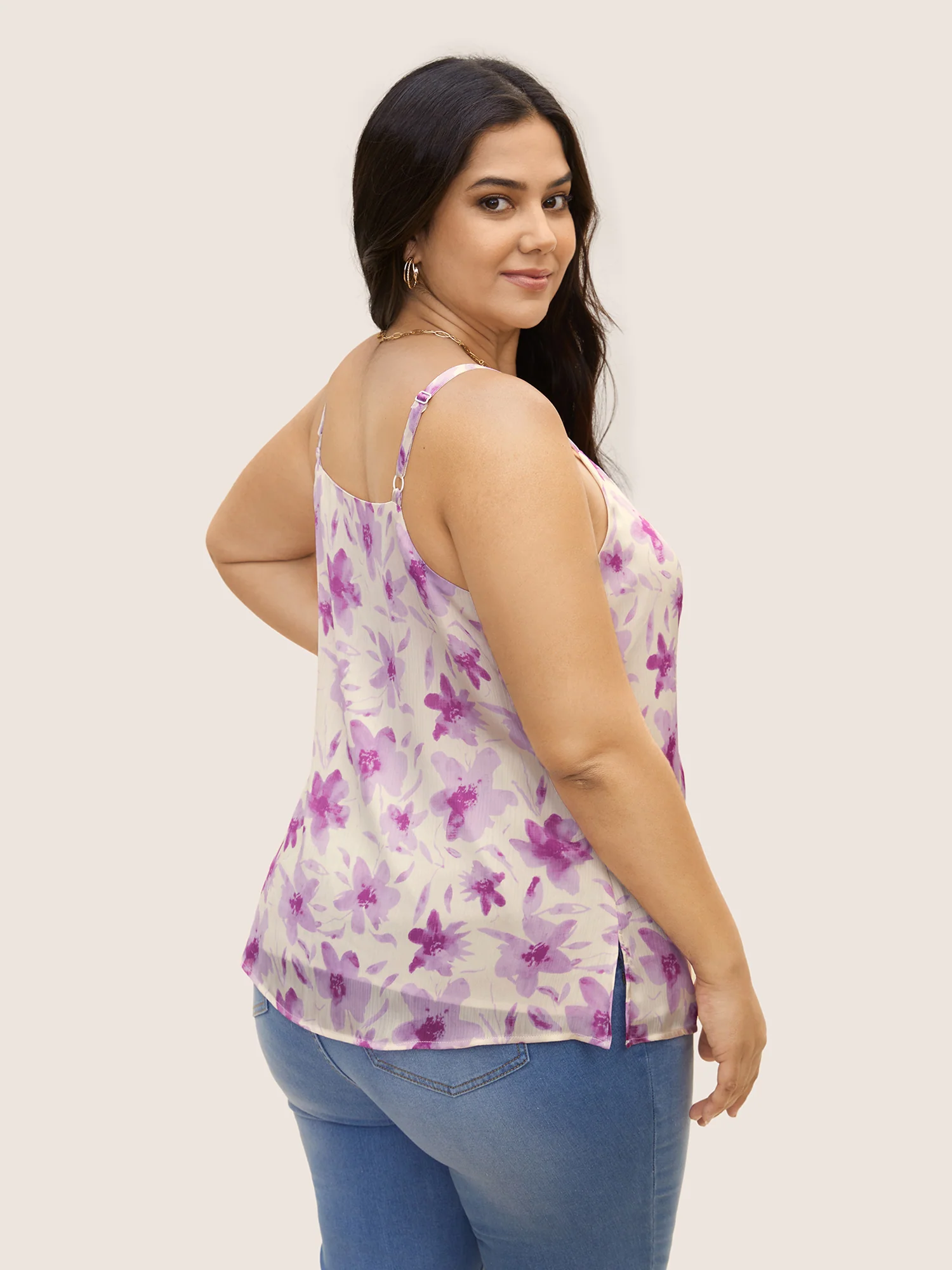 Floral Print Ruched Split Hem Cami Top - Image 4