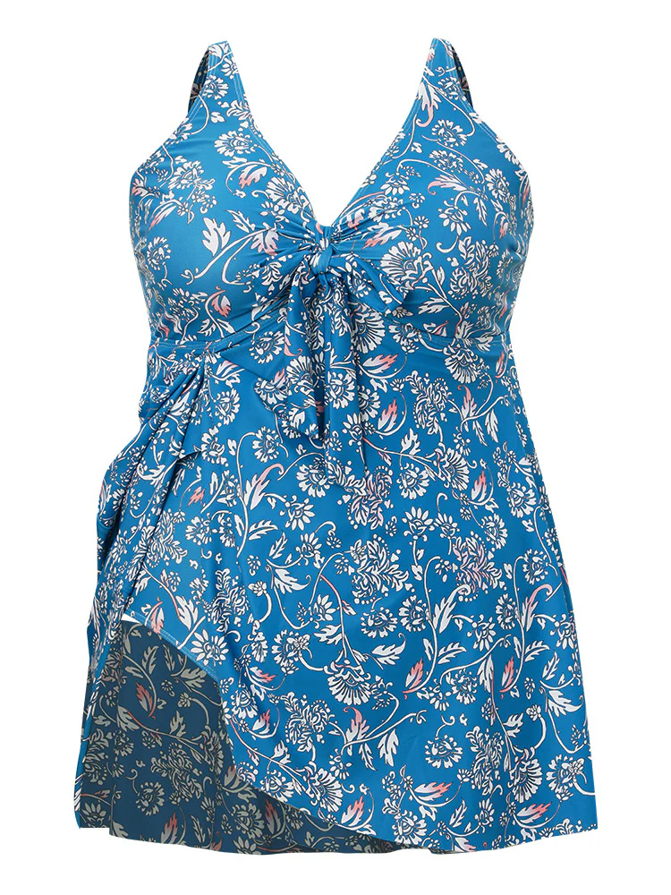 Floral Print Ruffle Hem Knot Front Ruched Swim Dress - Image 10