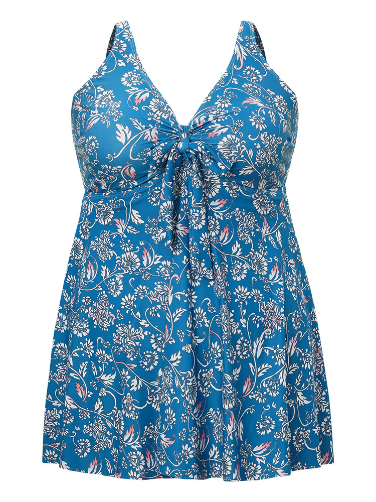Floral Print Ruffle Hem Knot Front Ruched Swim Dress - Image 11