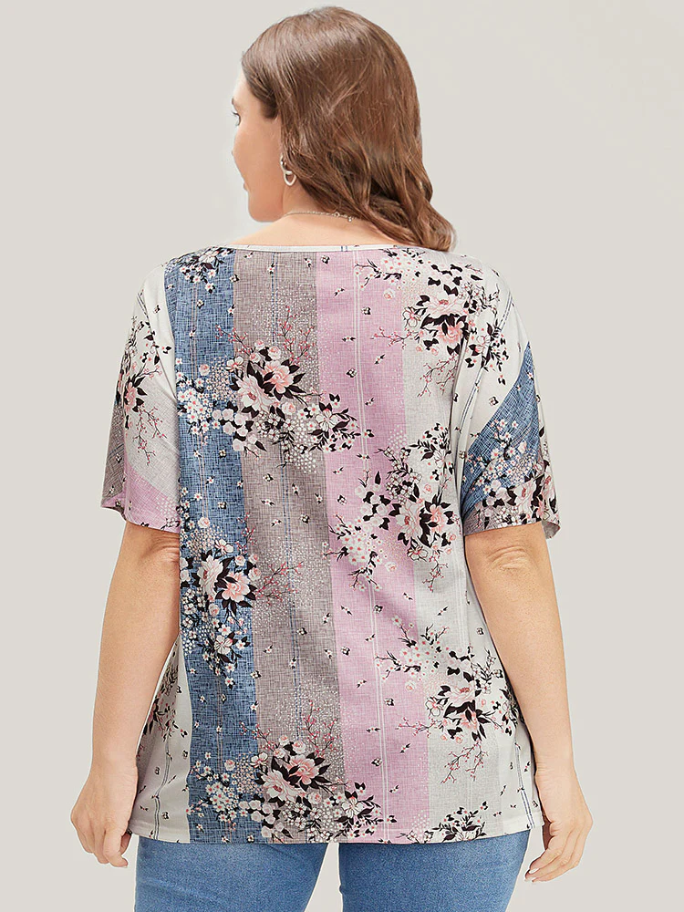 Floral Print Ruffle Sleeve Striped Contrast T-shirt - Image 2