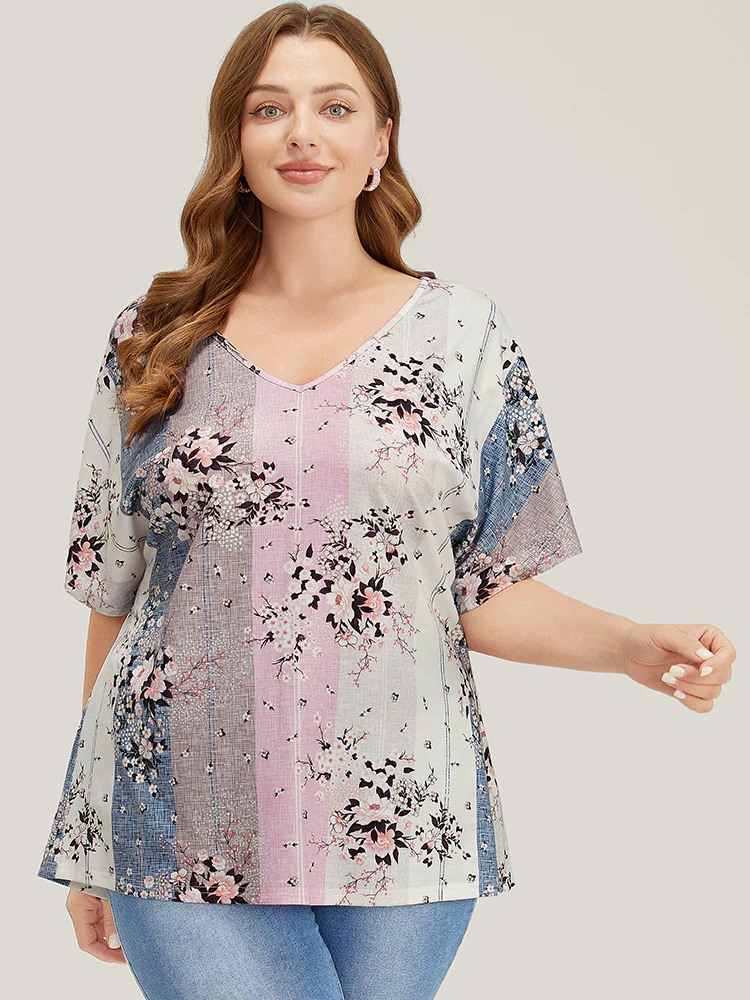 Floral Print Ruffle Sleeve Striped Contrast T-shirt - Image 3