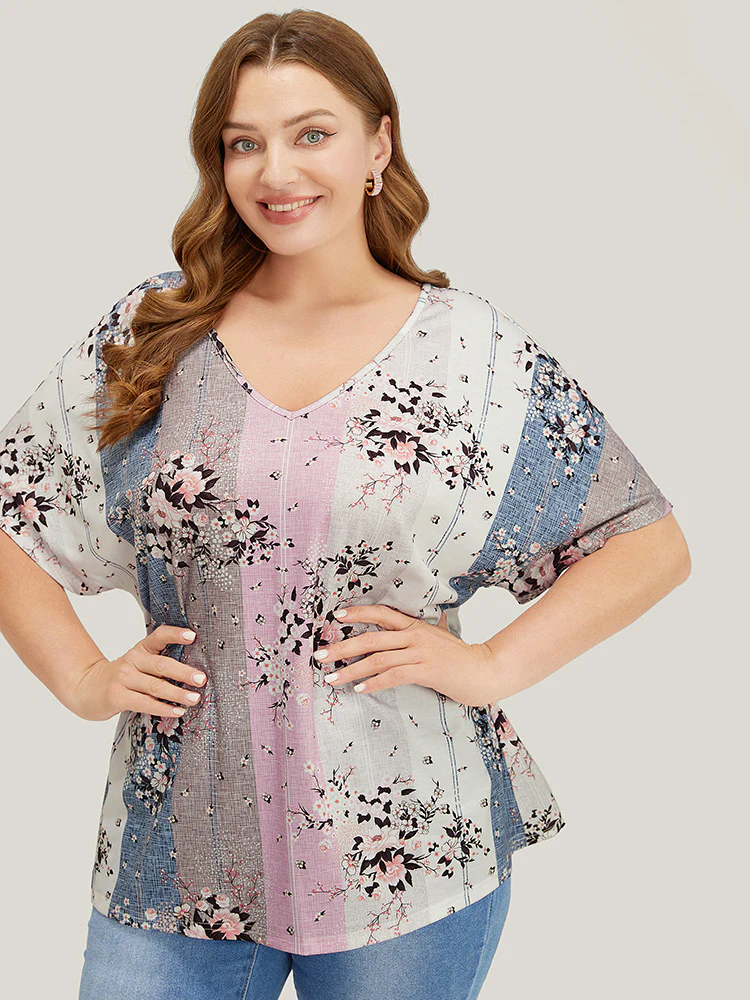 Floral Print Ruffle Sleeve Striped Contrast T-shirt - Image 5