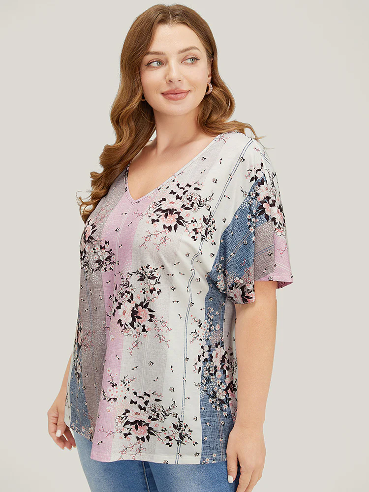 Floral Print Ruffle Sleeve Striped Contrast T-shirt - Image 6