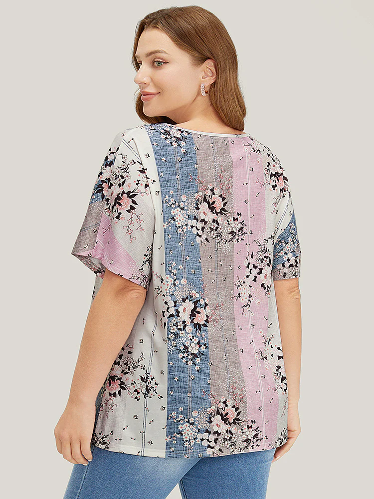 Floral Print Ruffle Sleeve Striped Contrast T-shirt - Image 7
