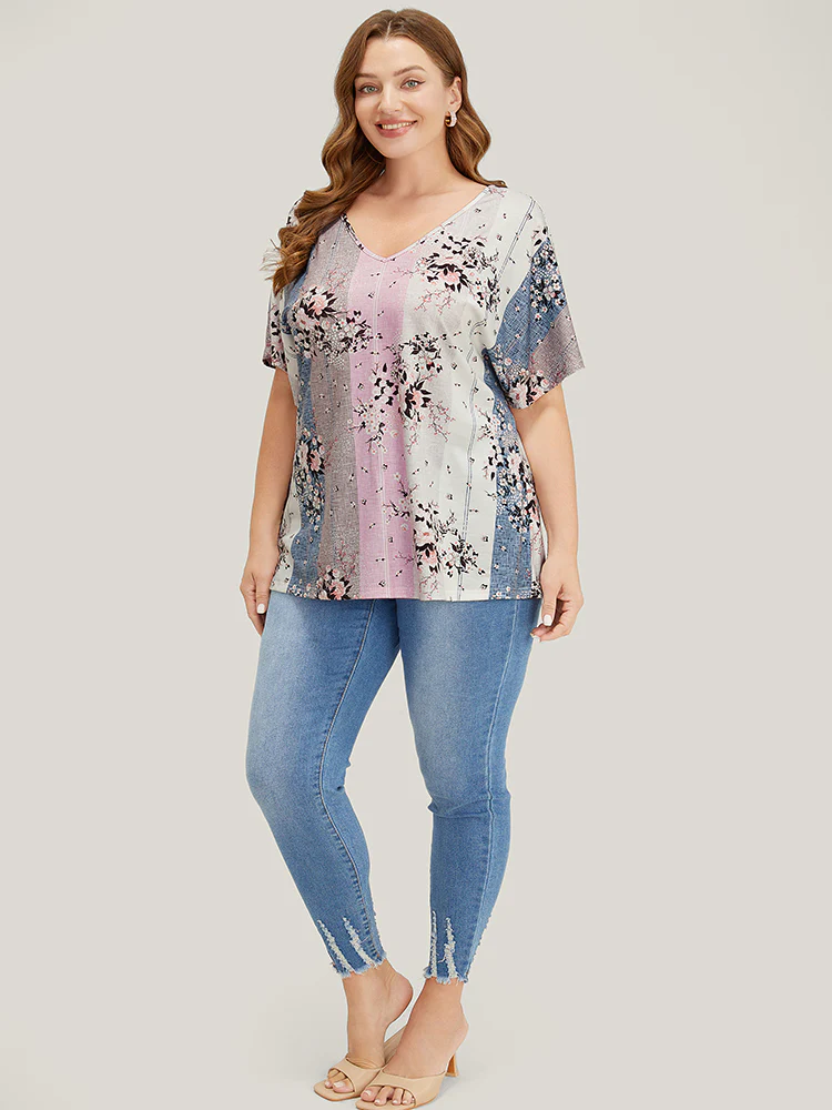 Floral Print Ruffle Sleeve Striped Contrast T-shirt - Image 8