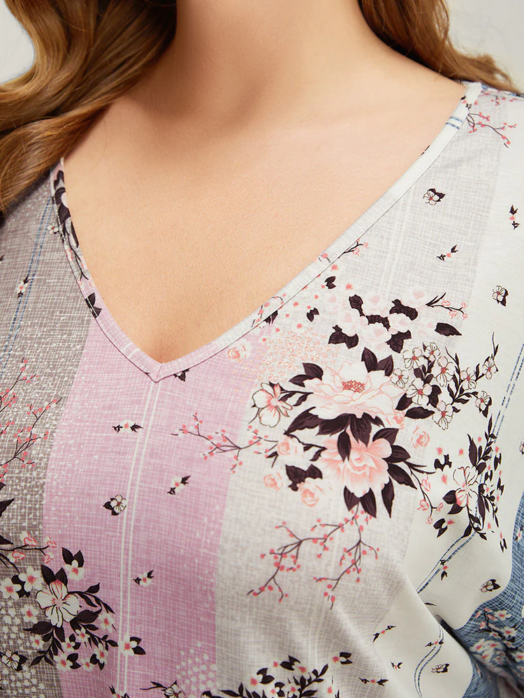 Floral Print Ruffle Sleeve Striped Contrast T-shirt - Image 9
