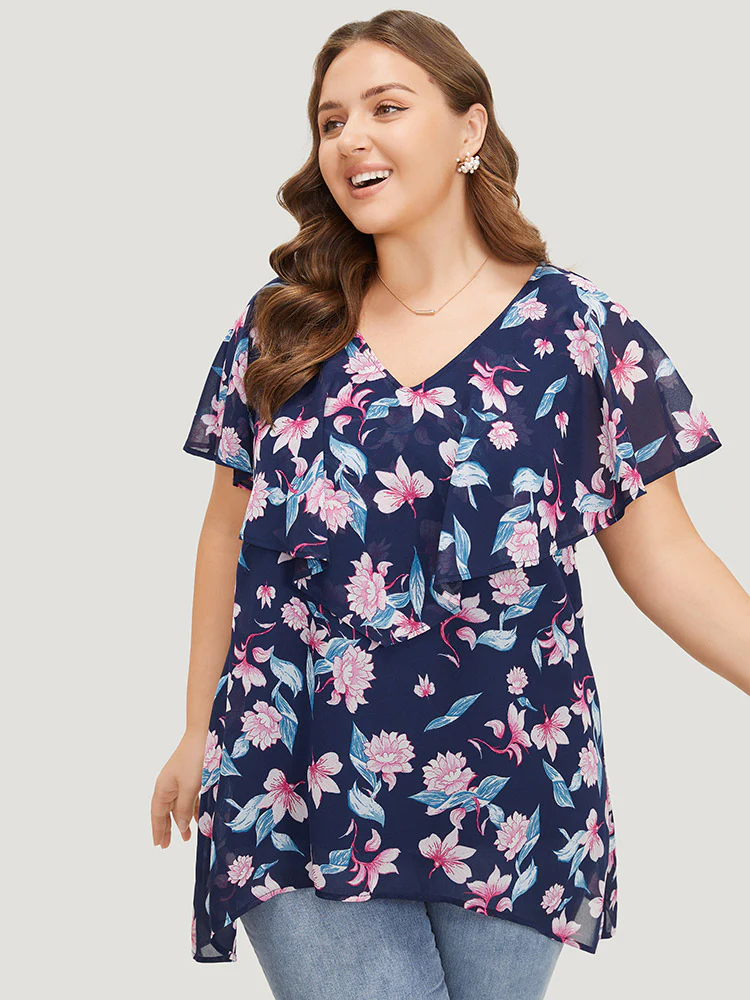 Floral Print Ruffle Trim Asymmetrical Hem Blouse - Image 2