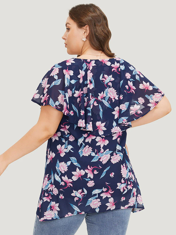 Floral Print Ruffle Trim Asymmetrical Hem Blouse - Image 3