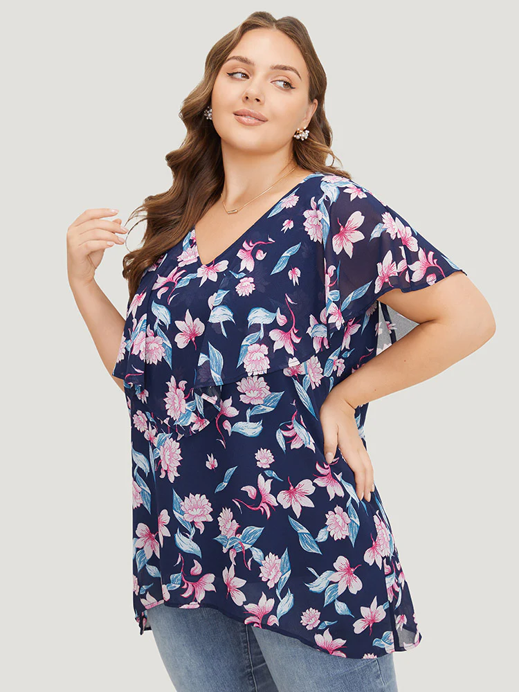 Floral Print Ruffle Trim Asymmetrical Hem Blouse - Image 4
