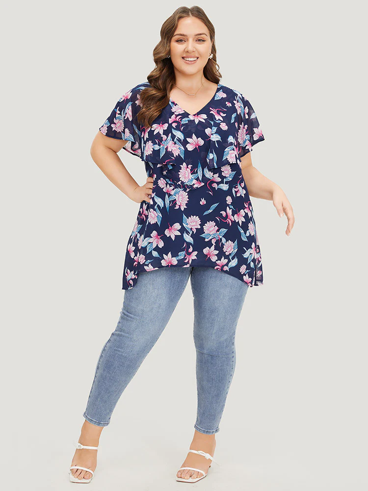 Floral Print Ruffle Trim Asymmetrical Hem Blouse - Image 5