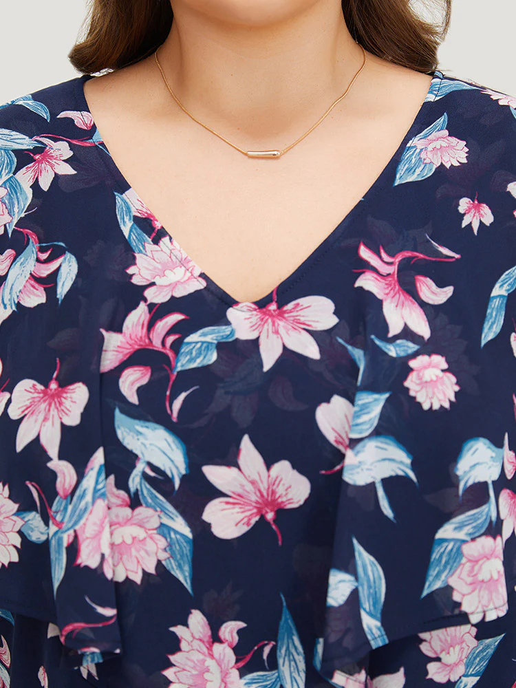 Floral Print Ruffle Trim Asymmetrical Hem Blouse - Image 6