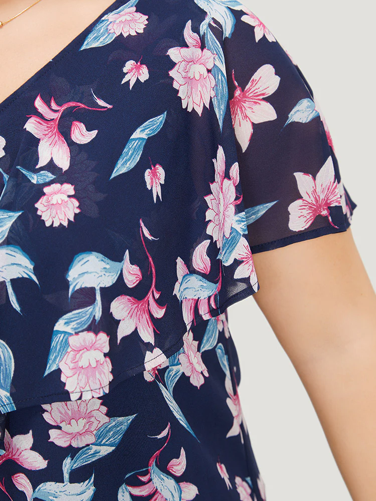 Floral Print Ruffle Trim Asymmetrical Hem Blouse - Image 7