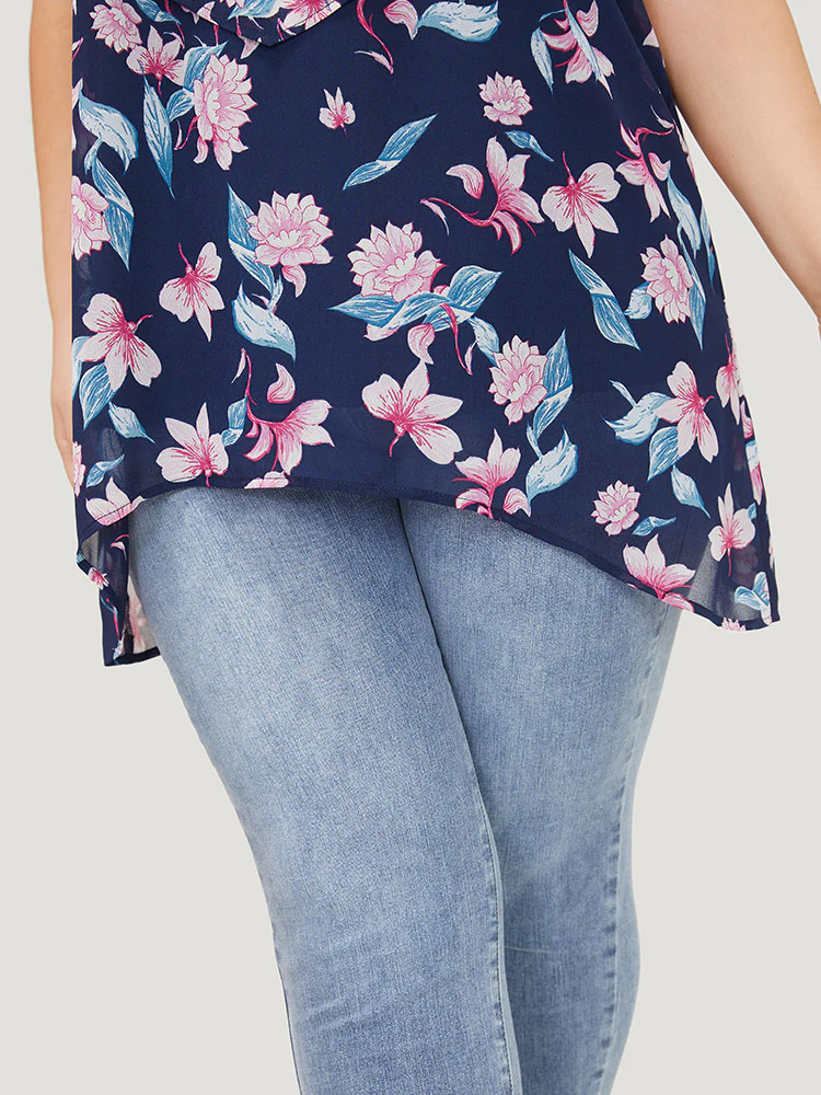 Floral Print Ruffle Trim Asymmetrical Hem Blouse - Image 8