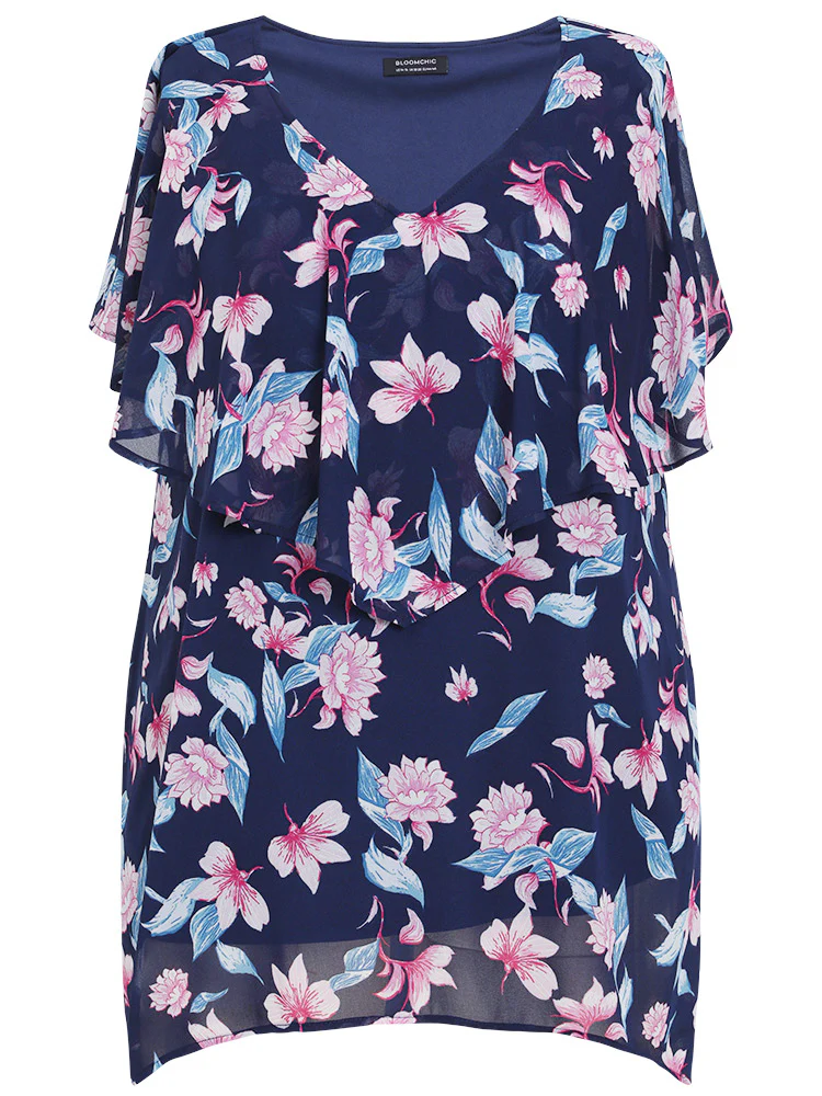 Floral Print Ruffle Trim Asymmetrical Hem Blouse - Image 9