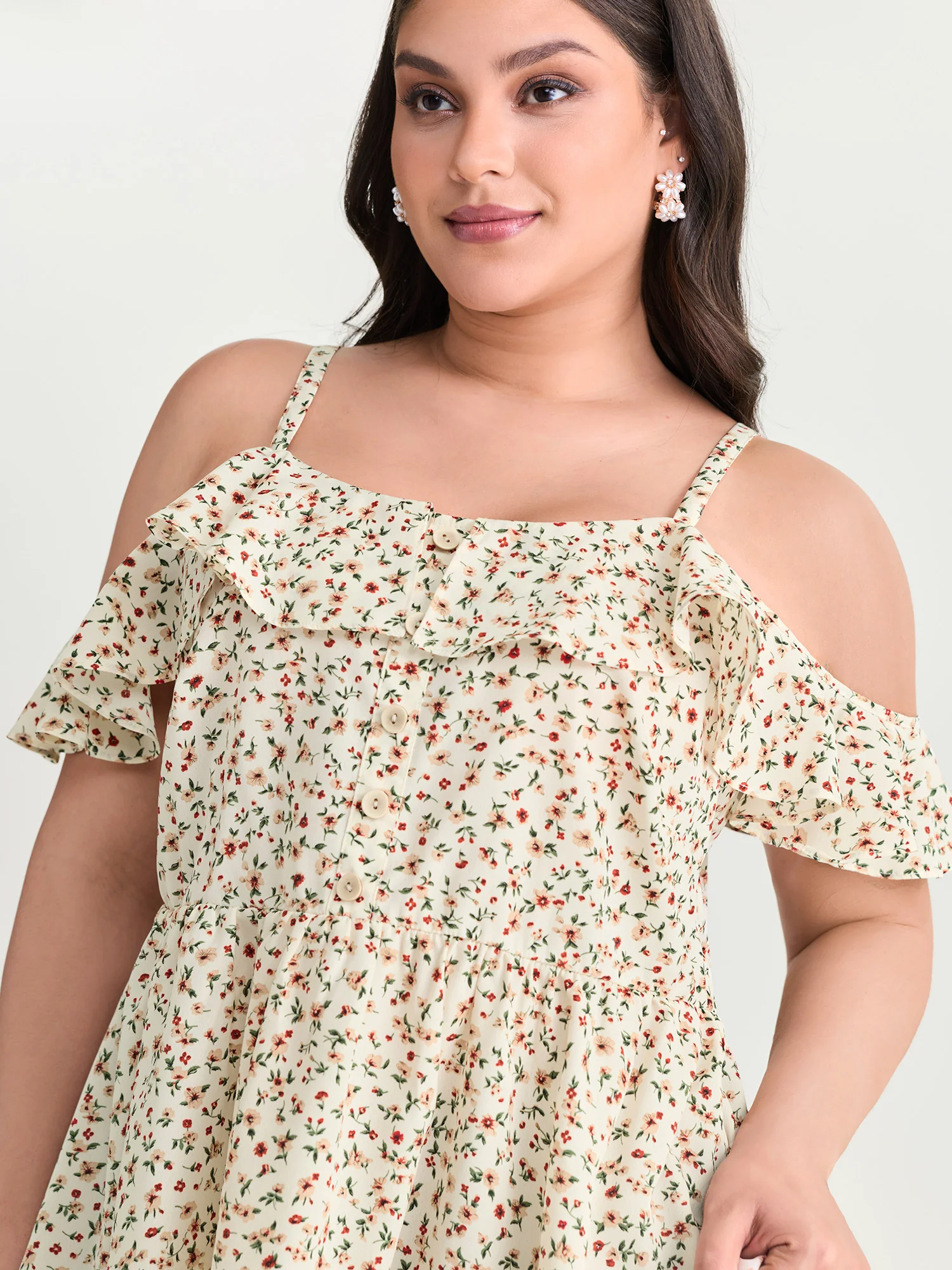 Floral Print Ruffled Cold Shoulder Blouse - Image 2