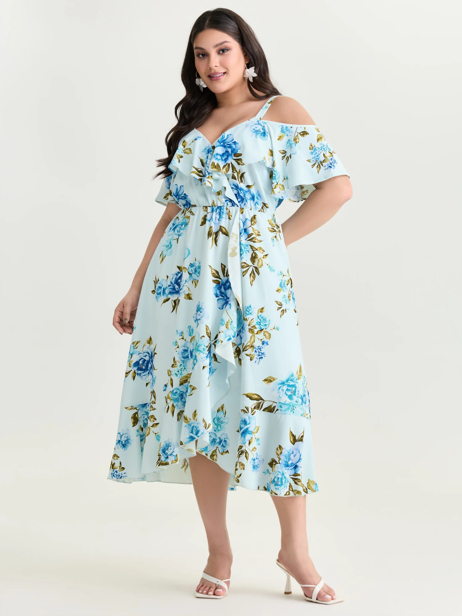 Floral Print Ruffled Cold-Shoulder Midi Dress - Image 2
