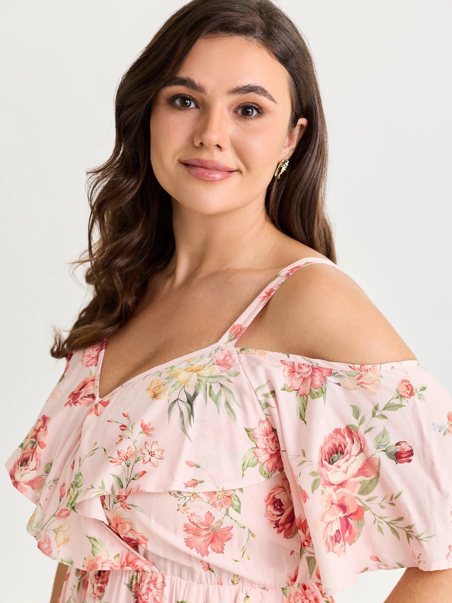 Floral Print Ruffled Cold-Shoulder Midi Dress - Image 2