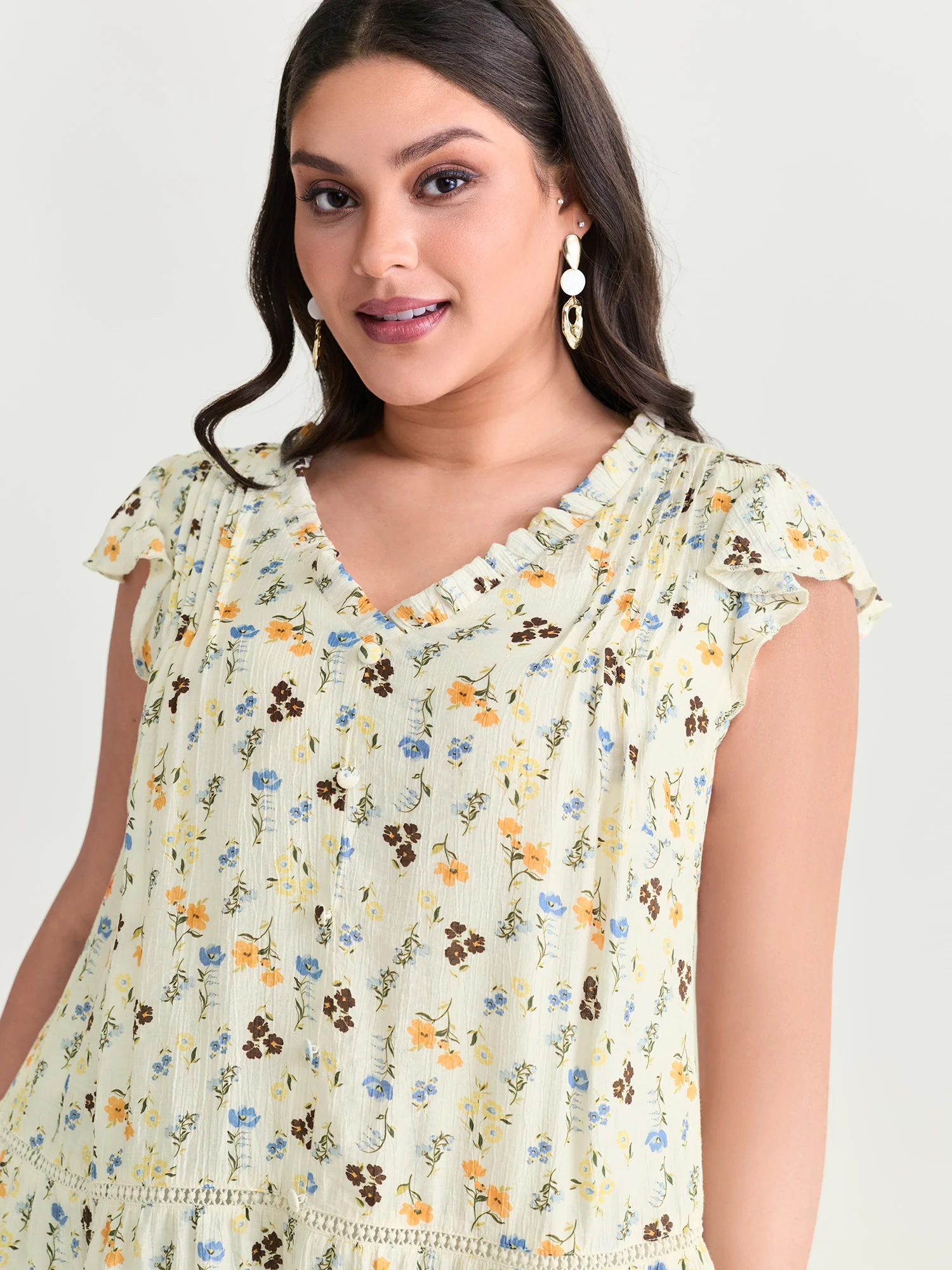Floral Print Ruffled Detail Lace Blouse - Image 2