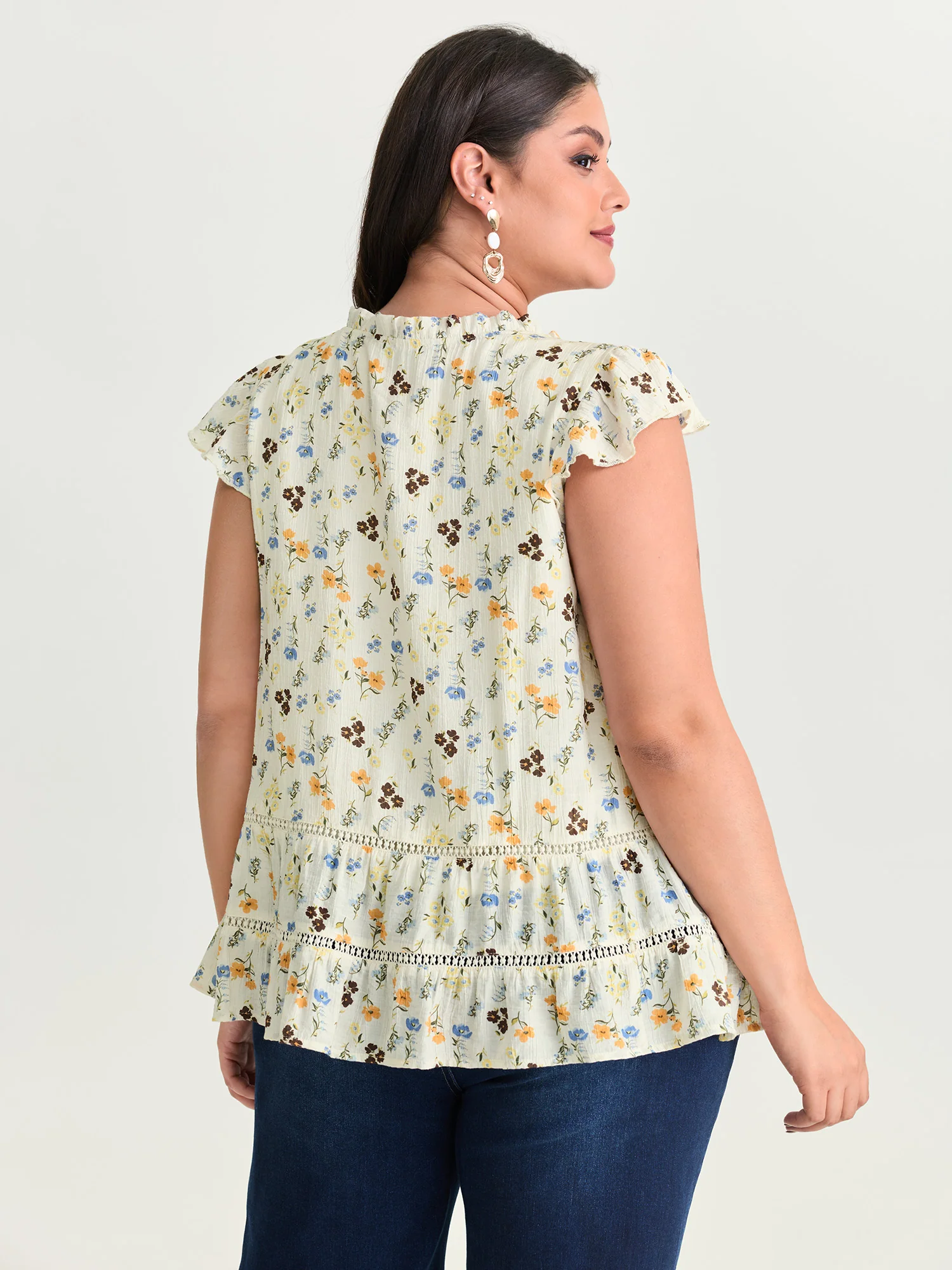 Floral Print Ruffled Detail Lace Blouse - Image 4