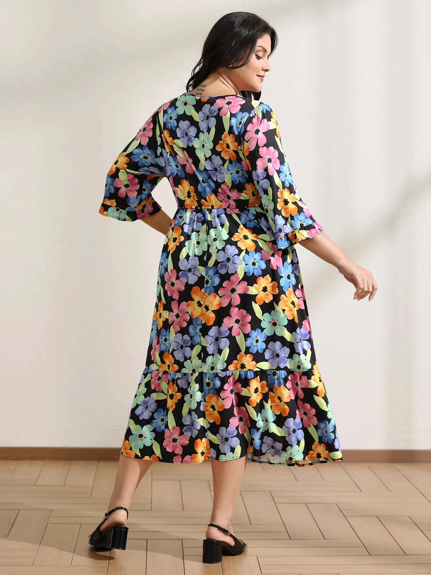 Floral Print Ruffled Drawstring Pockets Midi Dress - Image 4