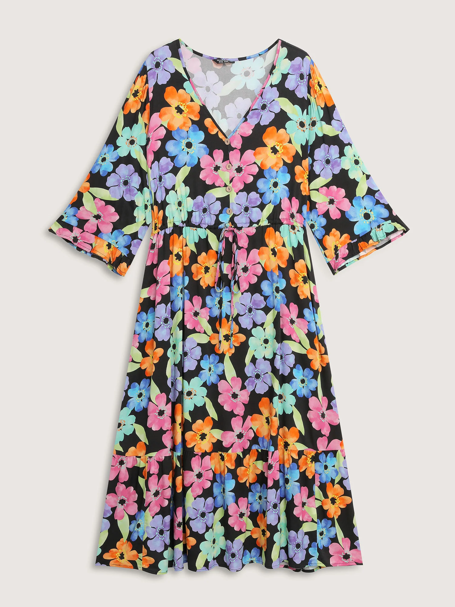 Floral Print Ruffled Drawstring Pockets Midi Dress - Image 7