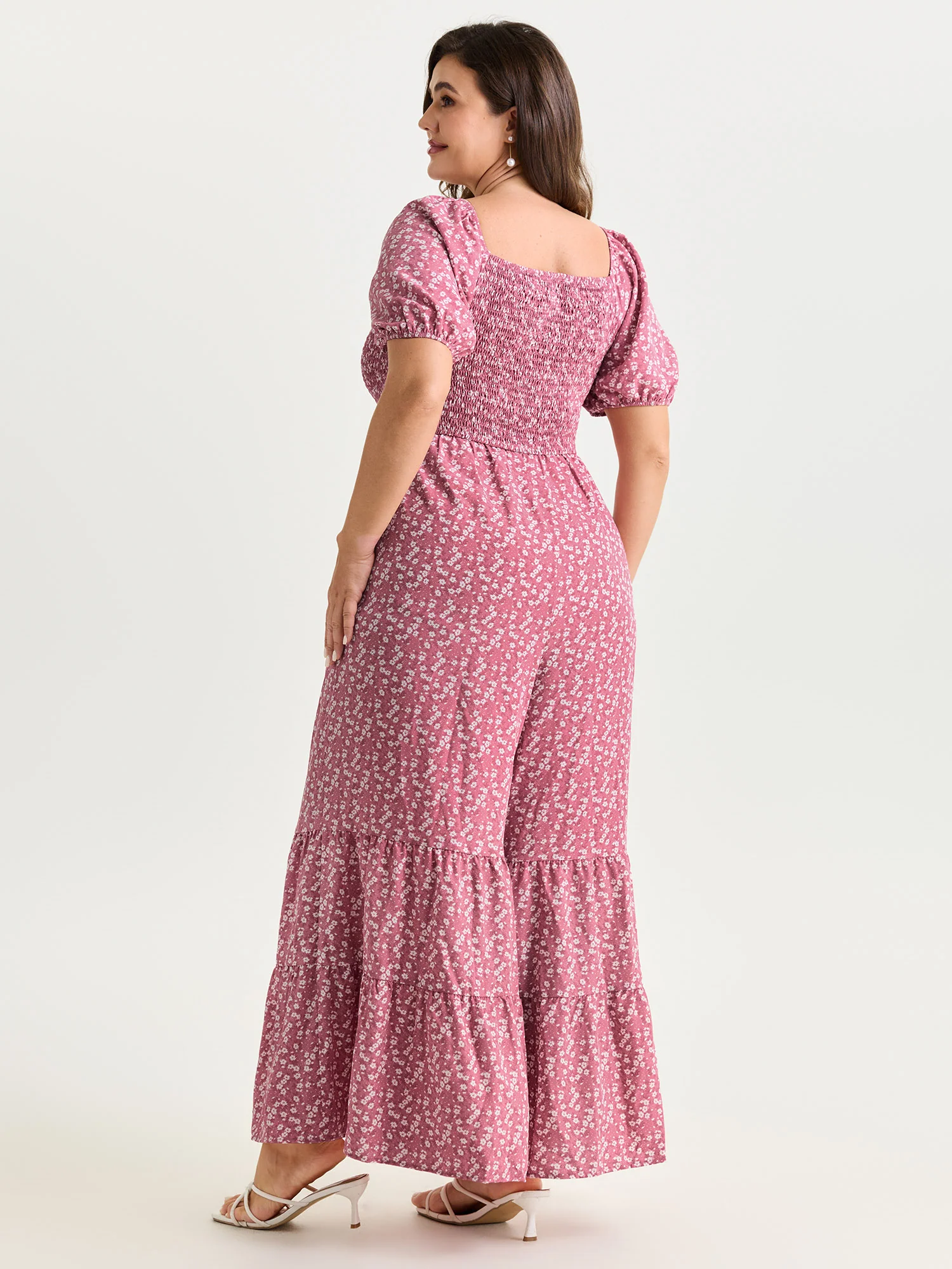 Floral Print Ruffled Hem Square Neckline Jumpsuit - Image 3