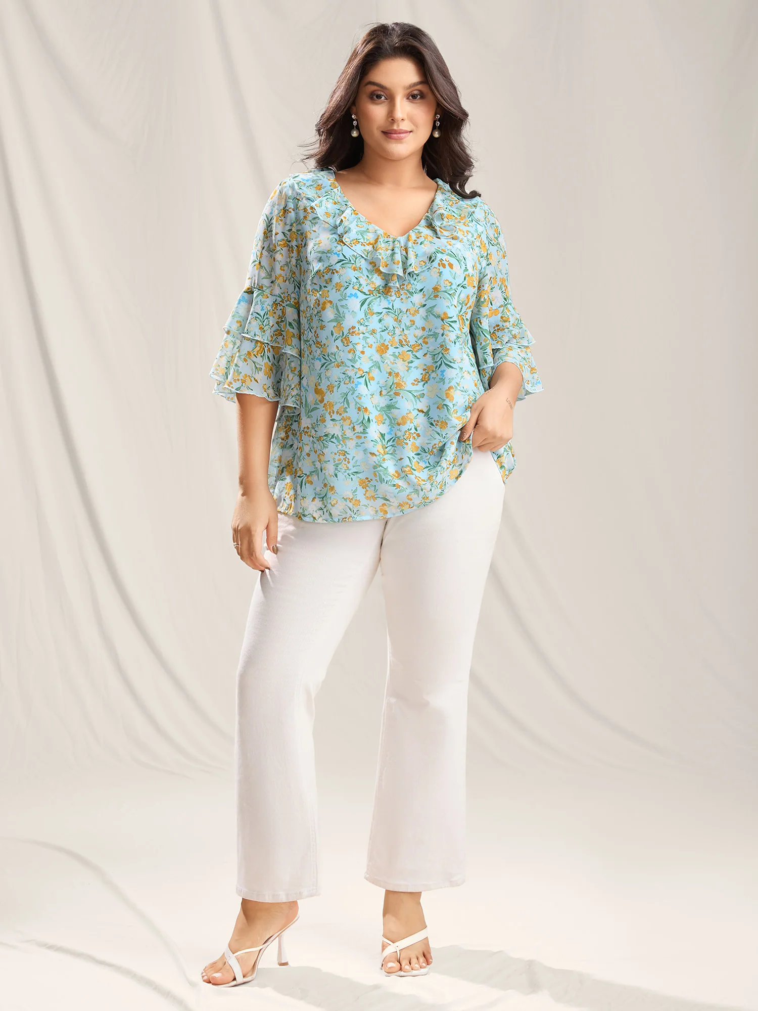 Floral Print Ruffled Layered Sleeve Blouse - Image 3