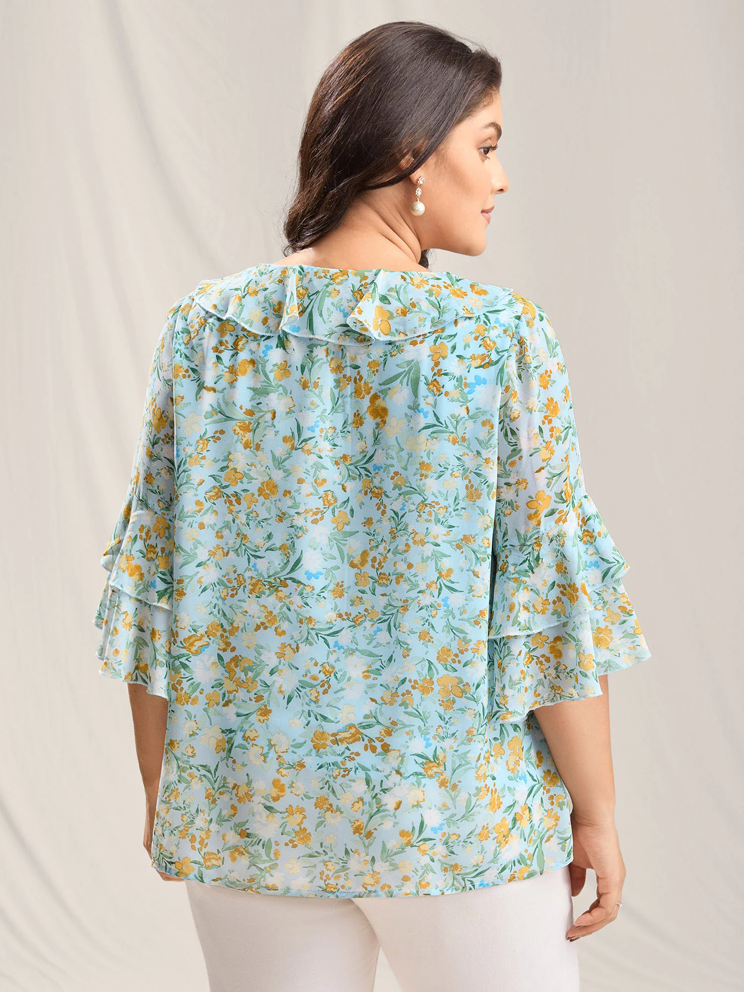 Floral Print Ruffled Layered Sleeve Blouse - Image 4