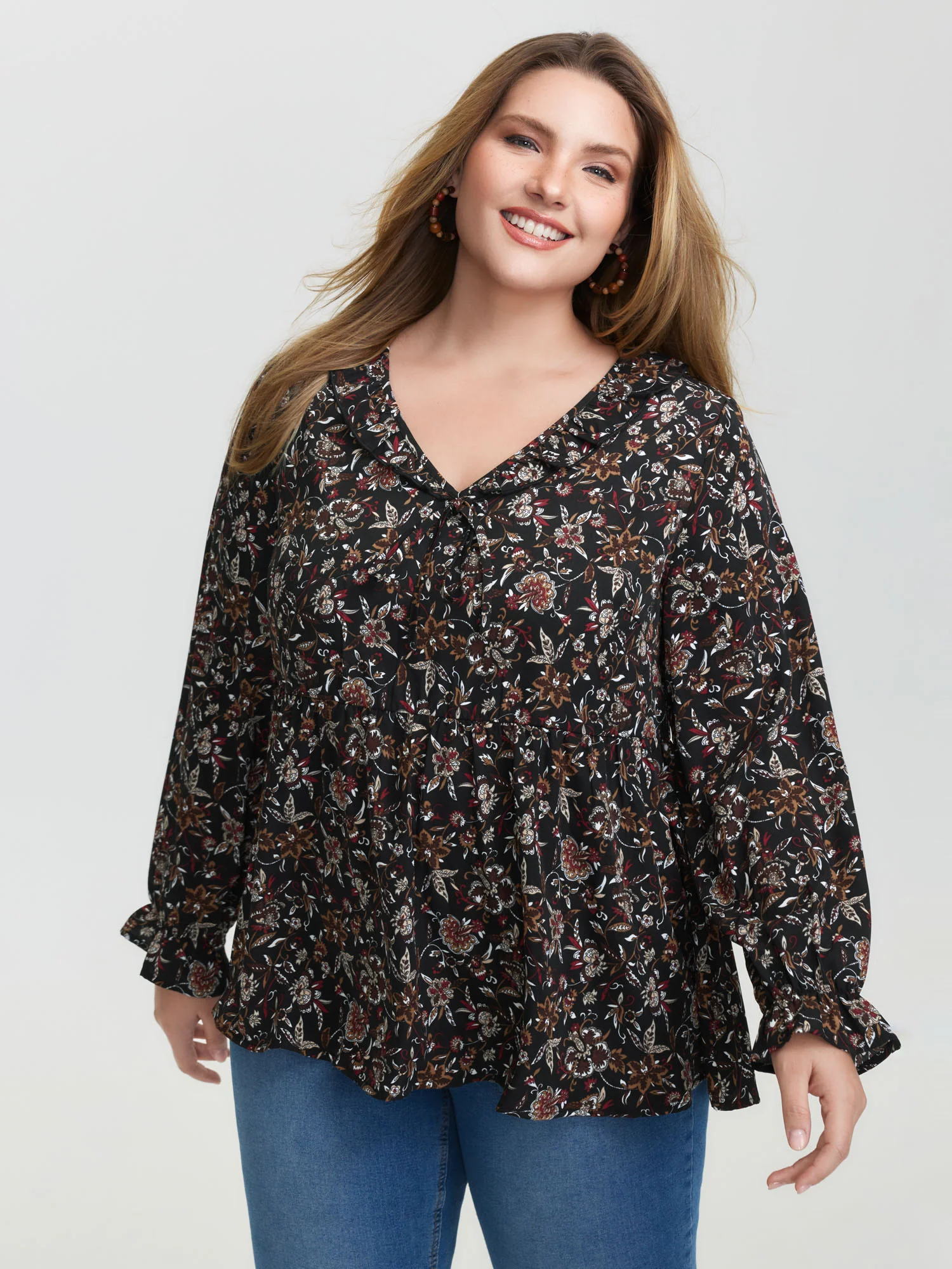 Floral Print Ruffled Neck Blouse - Image 2