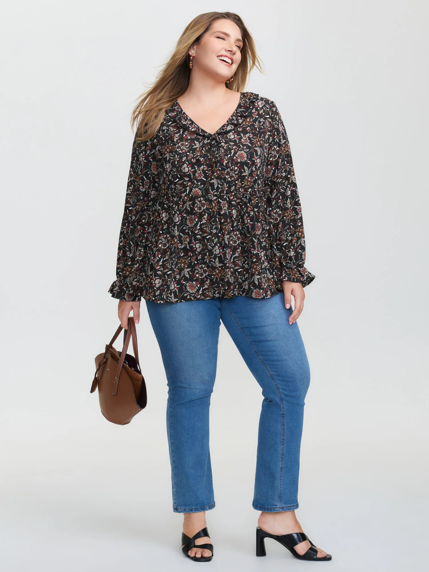 Floral Print Ruffled Neck Blouse - Image 3