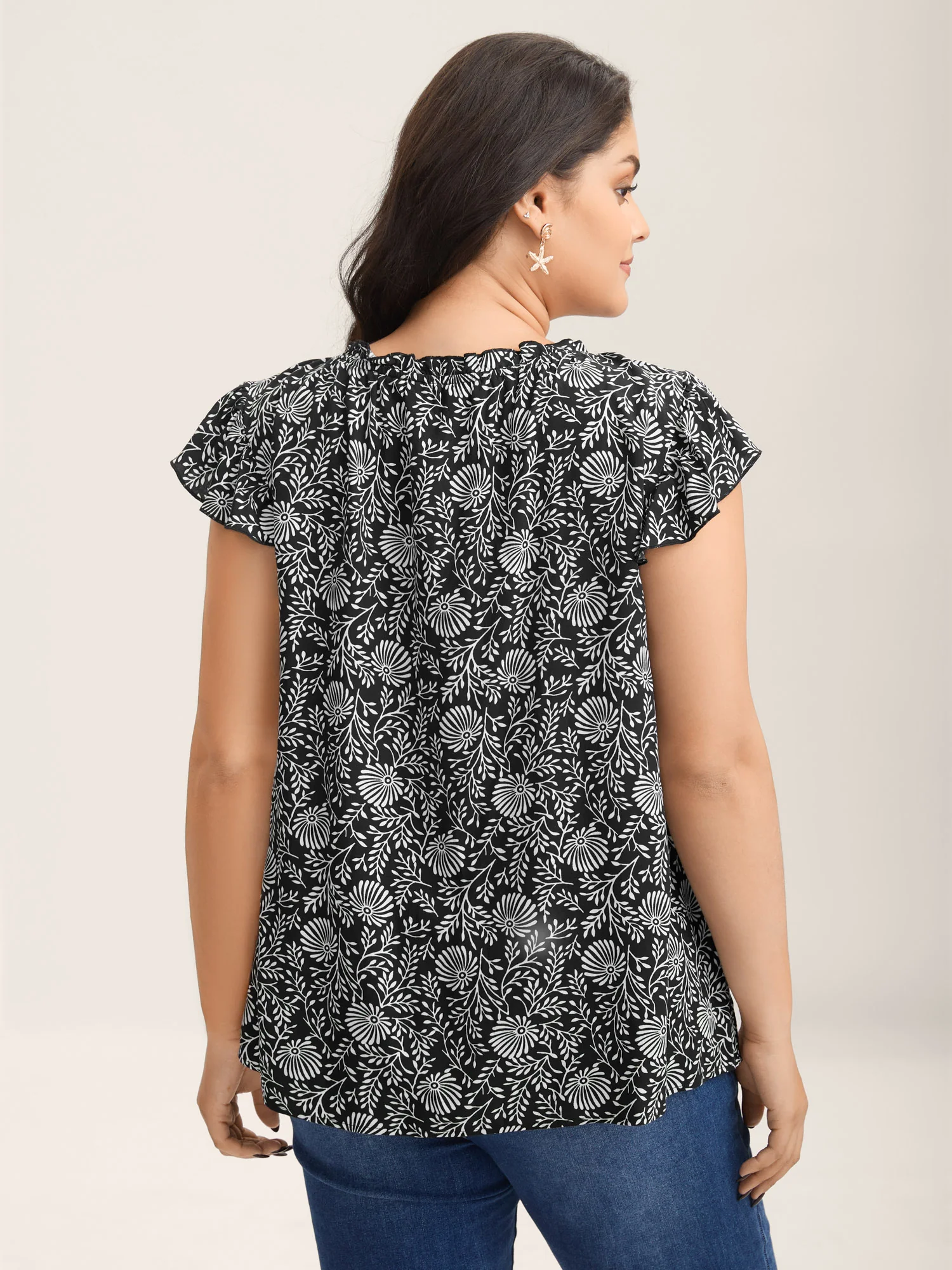 Floral Print Ruffled Neck Blouse - Image 4