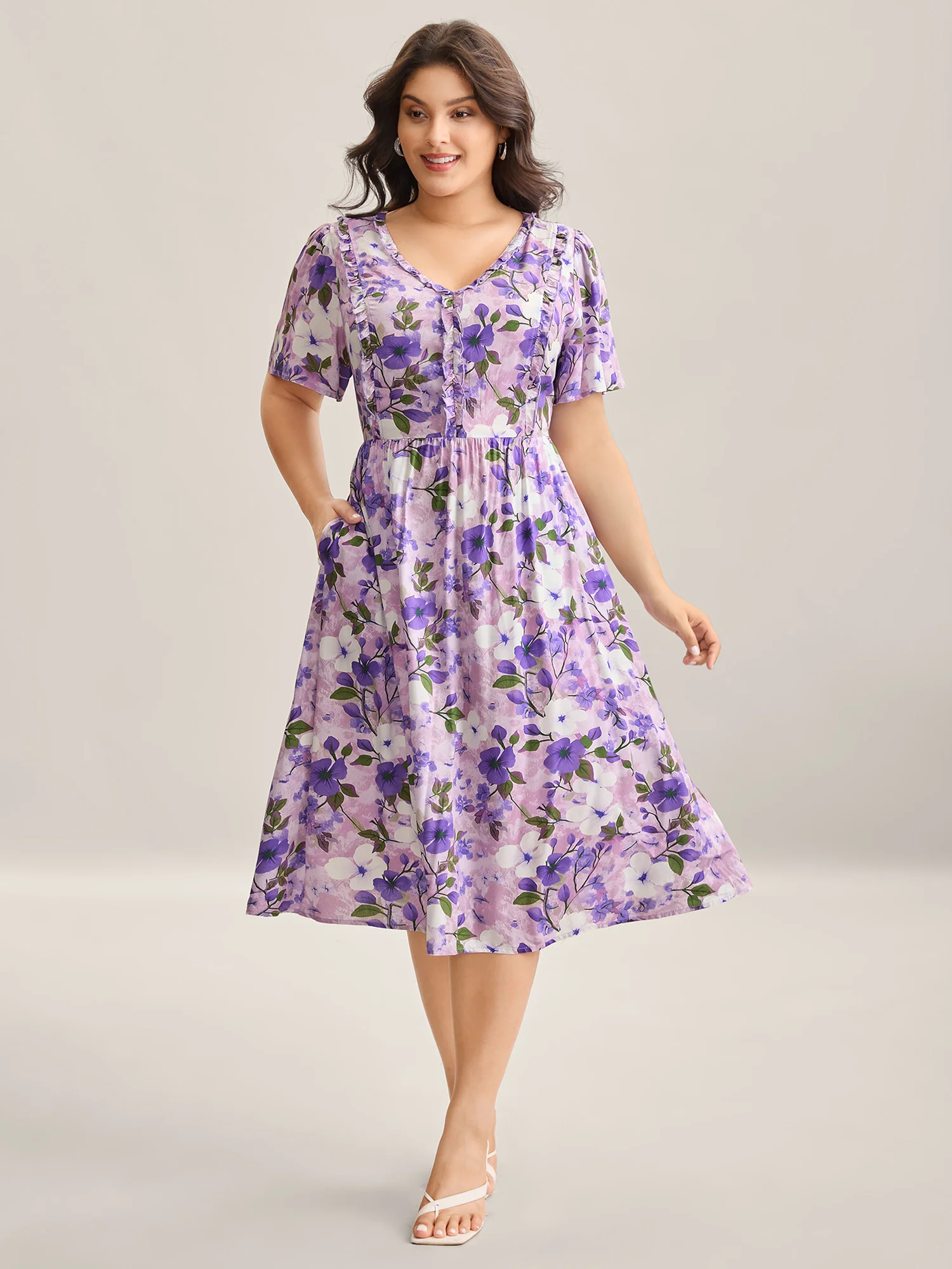 Floral Print Ruffled Neck Pockets Midi Dress - Image 3