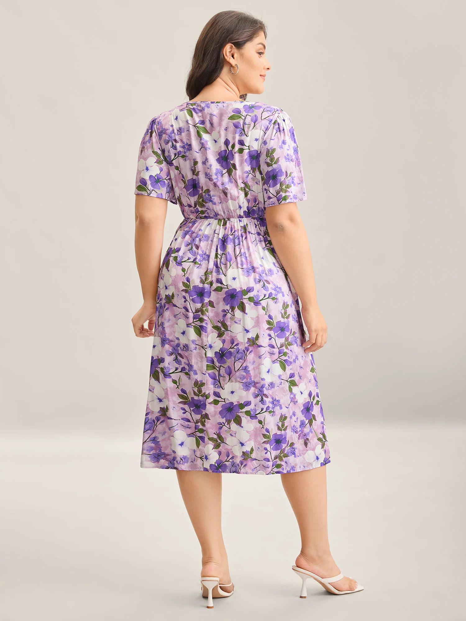 Floral Print Ruffled Neck Pockets Midi Dress - Image 4