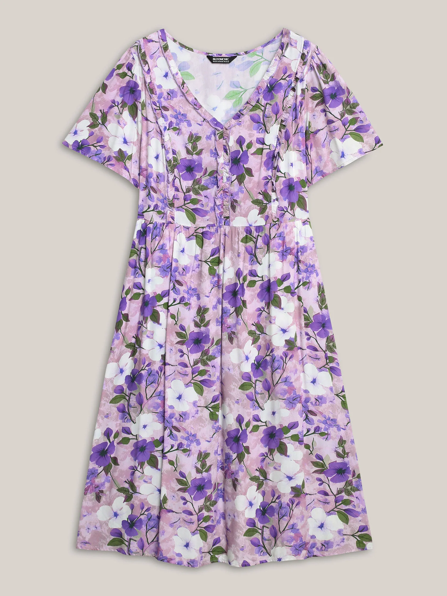 Floral Print Ruffled Neck Pockets Midi Dress - Image 5
